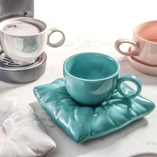  Artena 8 oz Turquoise Cappuccino Latte Cup, Ultra-fine Glazing Ceramic Coffee Cups Mugs Set, Fun Tea Cups and Saucers, Double Espresso Cups for Americano, Cafe Mocha, Dishwasher Sa