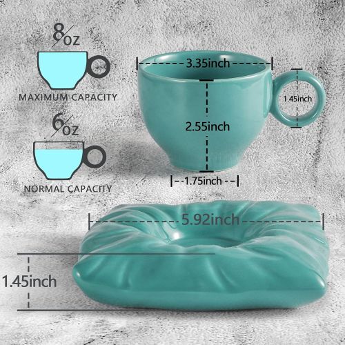  Artena 8 oz Turquoise Cappuccino Latte Cup, Ultra-fine Glazing Ceramic Coffee Cups Mugs Set, Fun Tea Cups and Saucers, Double Espresso Cups for Americano, Cafe Mocha, Dishwasher Sa