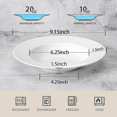  [아마존베스트]Artena Elegant Bright White Pasta Bowls Set of 4-9.35 Inches Porcelain Wide Pasta Plates Salad Plates with Rim design Microwave Oven Safe