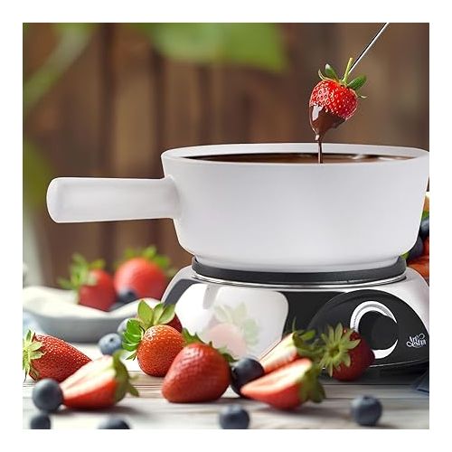  Artestia 2-QT Electric Fondue Pot Set 1500W Ceramic Chocolate Melting Pot Adjustable Temperature with 6 Fondue Forks, Fondue Pot for Meat, White Ceramic Pot with Glossy Base