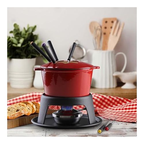  Artestia Cast Iron Cheese Fondue Pot Set for Chocolate Fondue Pot Camping Fondue Set with 6 Fondue Forks, 11-Piece Cheese Fondue Set Serve 6 Persons (Red)