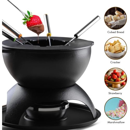  Artestia Cast Iron Fondue Set,Chocolate Fondue Pot Set with 6 Fondue Forks, 11-Piece Cheese Fondue Set & Meat Fondue Set for 6 Perons (Black Matt)