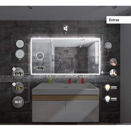  Artforma Mirrors LED Lighted Bathroom Mirror (Width 63 inch x Height 20 inch) with Additional Features - Selection of Switches/Weather Stations - Wall Mounted Vanity Mirror - Warm/Cold White L57