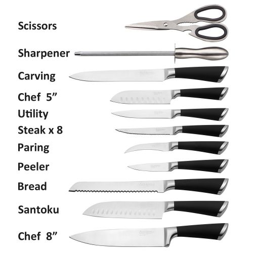  Artigee 19 Pieces Kitchen Knife Set, Upgraded Premium High Carbon Stainless Steel Knives, Chef Knife, Slicer Knife, Bread Knife, Santoku Knife. Perfect Balanced, Easy to Wash - Che
