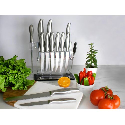  Artigee 14-Piece Stainless Steel Kitchen Knife Set with Acrylic Stand, Includes Steak Knives, Scissors and Blade Sharpener