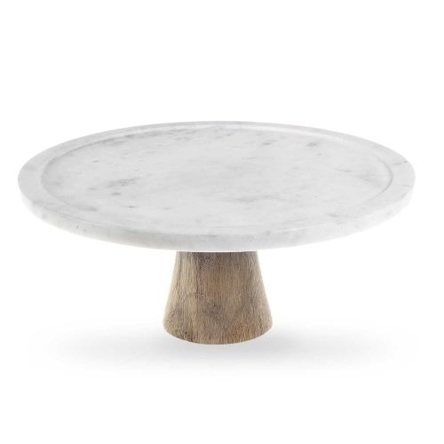  Artisanal Kitchen Supply White Marble and Wood Cake Stand