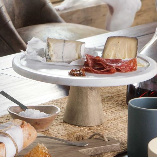  Artisanal Kitchen Supply White Marble and Wood Cake Stand