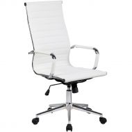 Artisdecor ARTIS DEECOR Ribbed Low and High Back Executive Office Chair Made with Upholstered Genuine Italian Leather, Swivel and Polished Aluminium Frame - High-Back White