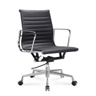Artisdecor ARTIS DEECOR Ribbed Low and High Back Executive Office Chair Made with Upholstered Genuine Italian Leather, Swivel and Polished Aluminium Frame - Low Back Black
