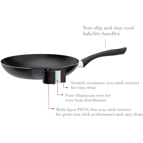  Artist Unknown Mirazur Non-stick Skillet Set, Aluminium 3 Piece Set 8 9.5 11 Open Frying Pan Stovetop Dishwasher Safe, Black