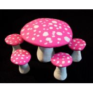 ArtisticApothecary Fluorescent Pink Mushroom Fairy Furniture Table and Chair Set Black Light Reactive Amantia Toadstools Faerie Garden Indoor and Outdoor