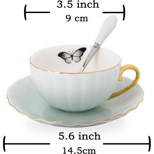  Artvigor, Porzellan Kaffeeservice, 12-teilig Kaffeeset, mit je 4 Kaffeetassen 180 ml, Kaffeeloeffel und Untertassen, Hellgruen + Weiss