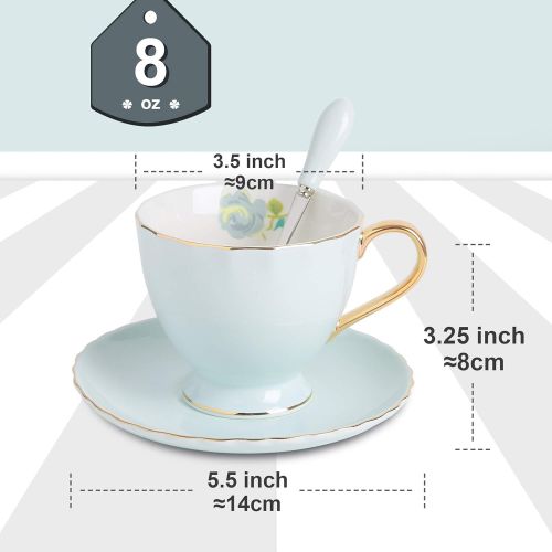  Artvigor, Porzellan Kaffeetassen Set, 4-teilig Set Kaffeeservice, 220 ml Kaffee Tee Tassen, Hellblau + Weiss