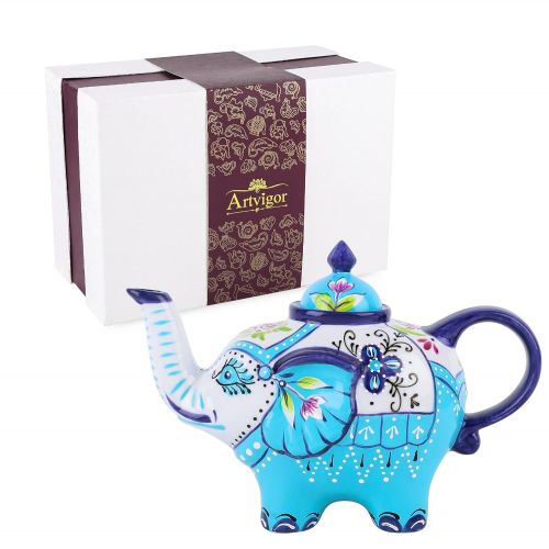  Artvigor, Porzellan Kaffeekanne, Handbemalt, 800 ml Teekanne, Elefant Design Tischdeko, Geschenk
