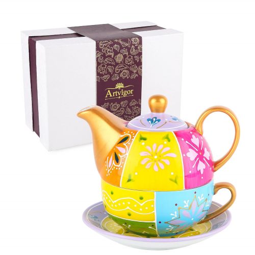  Artvigor, Tea for one Set, Porzellan Teeservice, 4-teilig, 400 ml + 300 ml, Bunt