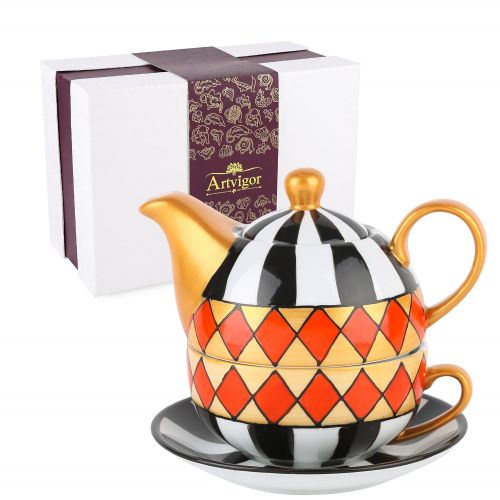  Artvigor, Tea for one Set, Porzellan Teekanne, Teetasse, Untersetzer, 0,4 Liter mit 0,3 Liter