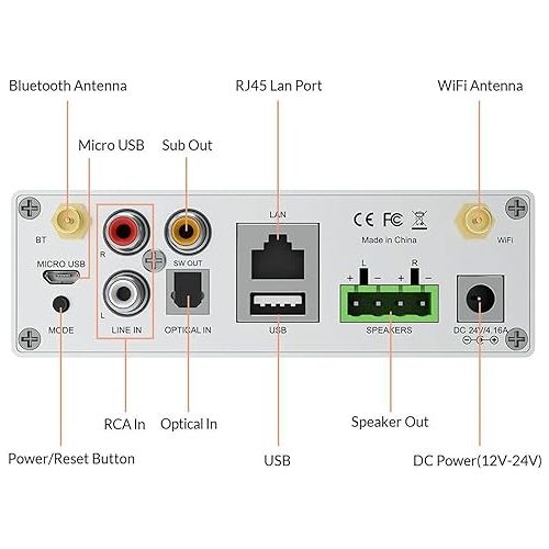  Arylic Up2stream A50+ Bluetooth Amplifier for Speakers，TPA3116 Stereo System，Multiroom/multizone Sync HiFi Audio, Wireless Stereo Amplifier