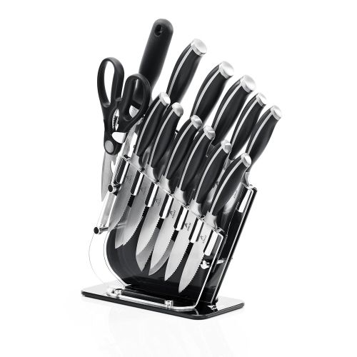  Ashlar Kitchen Knife Set Acrylic Block 14-Piece German Quality Forged Stainless Steel - Includes Knife Sharpener & Kitchen Scissors