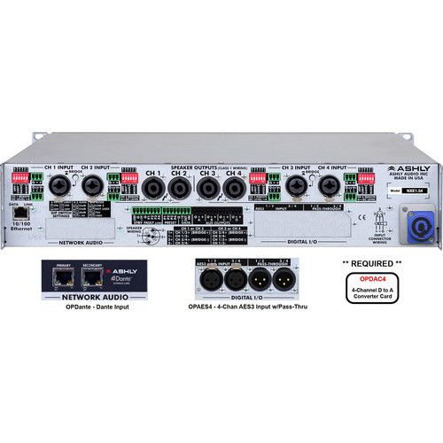  Ashly NXE Series 4-Channel Networkable Multi-Mode Power Amplifier with OPAES2, OPDAC4 & OPDante Cards (4 x 1500W)