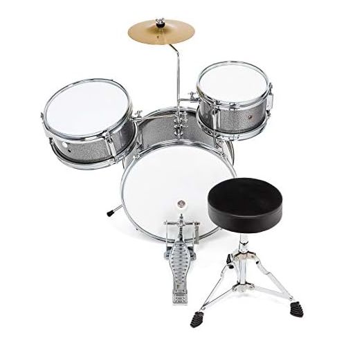  Ashthorpe 3-Piece Complete Kids Junior Drum Set - Childrens Beginner Kit with 14 Bass, Adjustable Throne, Cymbal, Pedal & Drumsticks - Silver