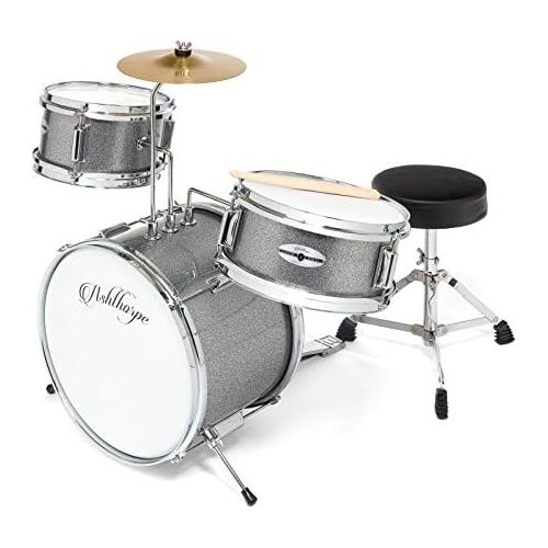  Ashthorpe 3-Piece Complete Kids Junior Drum Set - Childrens Beginner Kit with 14 Bass, Adjustable Throne, Cymbal, Pedal & Drumsticks - Silver