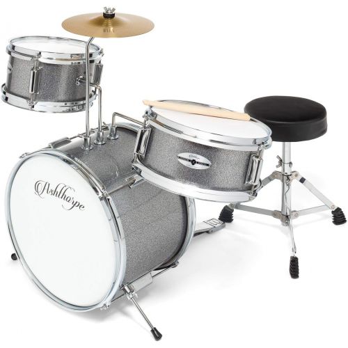  Ashthorpe 3-Piece Complete Kids Junior Drum Set - Childrens Beginner Kit with 14 Bass, Adjustable Throne, Cymbal, Pedal & Drumsticks - Silver