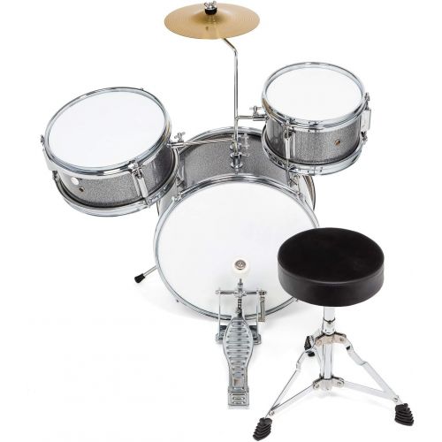  Ashthorpe 3-Piece Complete Kids Junior Drum Set - Childrens Beginner Kit with 14 Bass, Adjustable Throne, Cymbal, Pedal & Drumsticks - Silver