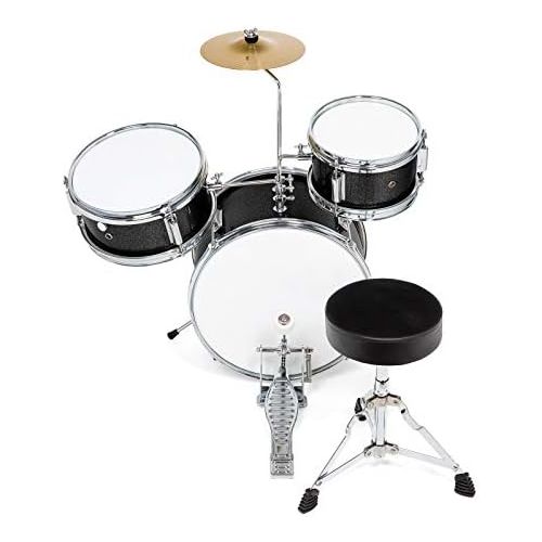  Ashthorpe 3-Piece Complete Kids Junior Drum Set - Childrens Beginner Kit with 14 Bass, Adjustable Throne, Cymbal, Pedal & Drumsticks - Black