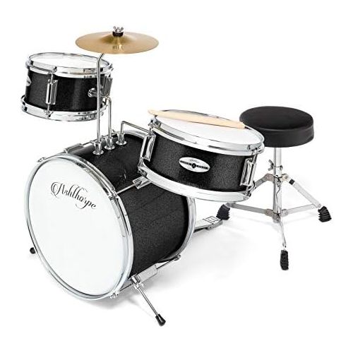  Ashthorpe 3-Piece Complete Kids Junior Drum Set - Childrens Beginner Kit with 14 Bass, Adjustable Throne, Cymbal, Pedal & Drumsticks - Black