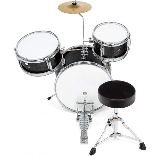  Ashthorpe 3-Piece Complete Kids Junior Drum Set - Childrens Beginner Kit with 14 Bass, Adjustable Throne, Cymbal, Pedal & Drumsticks - Black