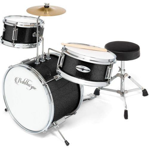  Ashthorpe 3-Piece Complete Kids Junior Drum Set - Childrens Beginner Kit with 14 Bass, Adjustable Throne, Cymbal, Pedal & Drumsticks - Black