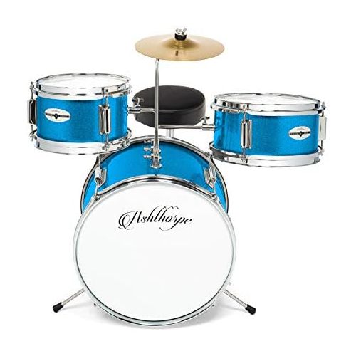  Ashthorpe 3-Piece Complete Kids Junior Drum Set - Childrens Beginner Kit with 14 Bass, Adjustable Throne, Cymbal, Pedal & Drumsticks - Blue