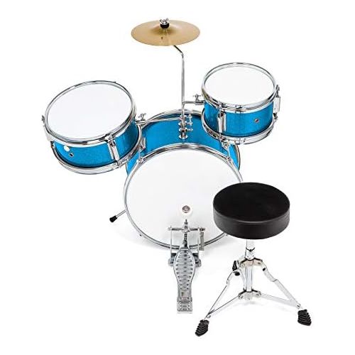  Ashthorpe 3-Piece Complete Kids Junior Drum Set - Childrens Beginner Kit with 14 Bass, Adjustable Throne, Cymbal, Pedal & Drumsticks - Blue