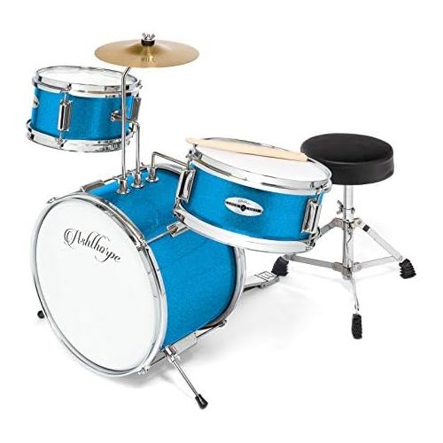  Ashthorpe 3-Piece Complete Kids Junior Drum Set - Childrens Beginner Kit with 14 Bass, Adjustable Throne, Cymbal, Pedal & Drumsticks - Blue