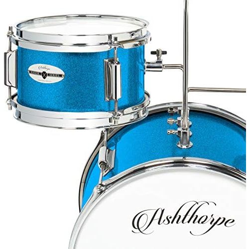  Ashthorpe 3-Piece Complete Kids Junior Drum Set - Childrens Beginner Kit with 14 Bass, Adjustable Throne, Cymbal, Pedal & Drumsticks - Blue