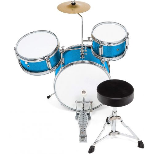  Ashthorpe 3-Piece Complete Kids Junior Drum Set - Childrens Beginner Kit with 14 Bass, Adjustable Throne, Cymbal, Pedal & Drumsticks - Blue