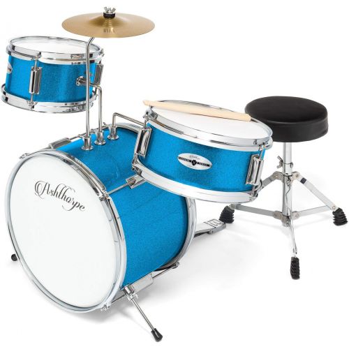  Ashthorpe 3-Piece Complete Kids Junior Drum Set - Childrens Beginner Kit with 14 Bass, Adjustable Throne, Cymbal, Pedal & Drumsticks - Blue