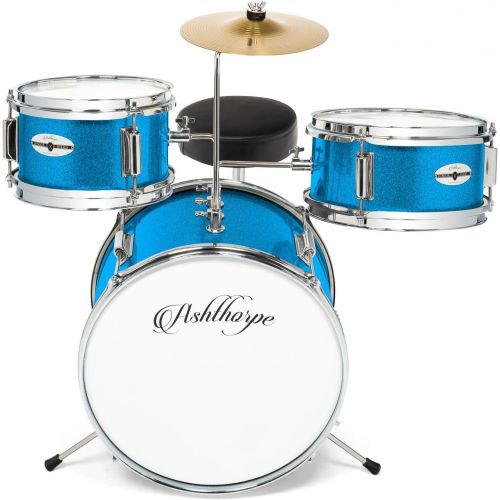  Ashthorpe 3-Piece Complete Kids Junior Drum Set - Childrens Beginner Kit with 14 Bass, Adjustable Throne, Cymbal, Pedal & Drumsticks - Blue