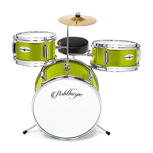  Ashthorpe 3-Piece Complete Kids Junior Drum Set - Childrens Beginner Kit with 14 Bass, Adjustable Throne, Cymbal, Pedal & Drumsticks - Green