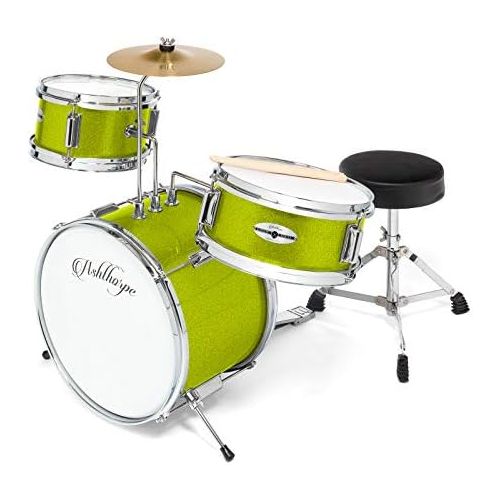  Ashthorpe 3-Piece Complete Kids Junior Drum Set - Childrens Beginner Kit with 14 Bass, Adjustable Throne, Cymbal, Pedal & Drumsticks - Green