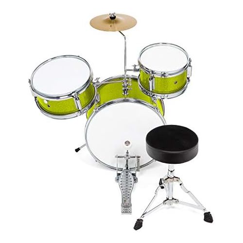  Ashthorpe 3-Piece Complete Kids Junior Drum Set - Childrens Beginner Kit with 14 Bass, Adjustable Throne, Cymbal, Pedal & Drumsticks - Green