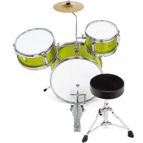  Ashthorpe 3-Piece Complete Kids Junior Drum Set - Childrens Beginner Kit with 14 Bass, Adjustable Throne, Cymbal, Pedal & Drumsticks - Green