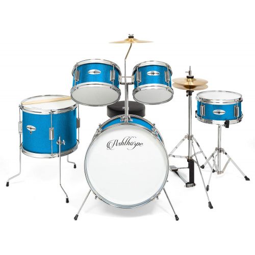  [아마존베스트]Ashthorpe 5-Piece Complete Kids Junior Drum Set with Genuine Brass Cymbals - Childrens Advanced Beginner Kit with 16 Bass, Adjustable Throne, Cymbals, Hi-Hats, Pedals & Drumsticks