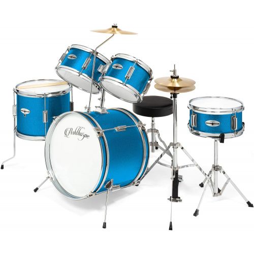  [아마존베스트]Ashthorpe 5-Piece Complete Kids Junior Drum Set with Genuine Brass Cymbals - Childrens Advanced Beginner Kit with 16 Bass, Adjustable Throne, Cymbals, Hi-Hats, Pedals & Drumsticks