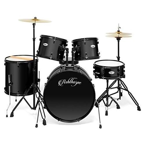  [아마존베스트]Ashthorpe 5-Piece Complete Full Size Adult Drum Set with Remo Batter Heads - Black