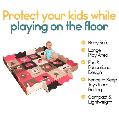  Ashtonbee Baby Foam Play Mat with Fence - Interlocking Crawling Mat with 16 Foam Floor Tiles