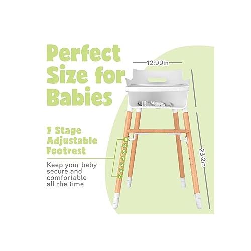  Wooden High Chair for Babies and Toddlers - with Harness, Removable Tray, and Adjustable Legs