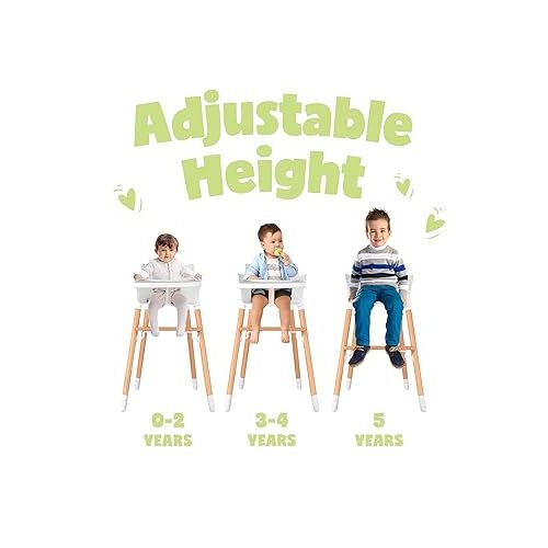  Wooden High Chair for Babies and Toddlers - with Harness, Removable Tray, and Adjustable Legs