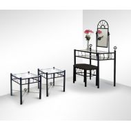 Asia Direct Black Metal Sunburst Vanity and Two Glass top Nightstands Set