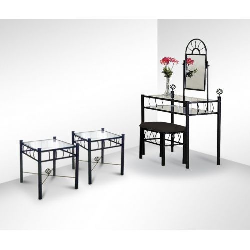  Asia Direct Black Metal Sunburst Vanity and Two Glass top Nightstands Set